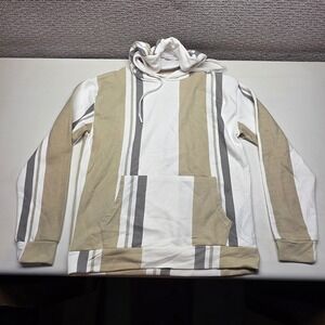 D&F Ricky Singh Mens Large Vertical Stripe Hoodie Tan White Grey NWT